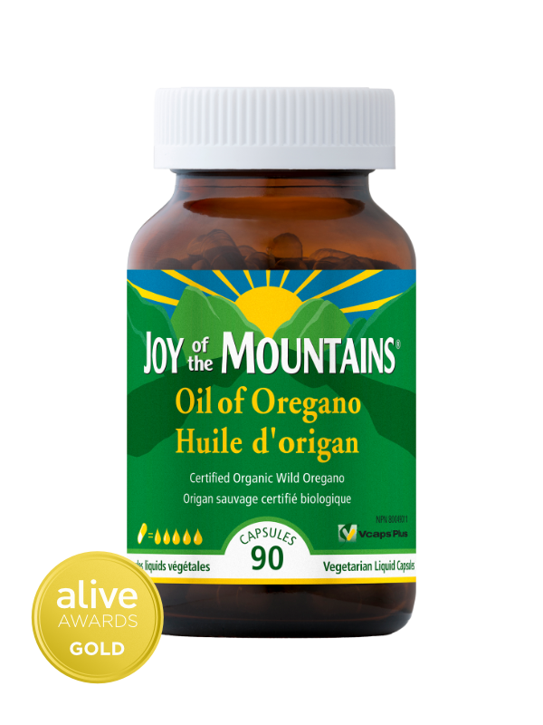 Joy of the Mountains Oil of Oregano Capsules bottle with alive awards gold badge